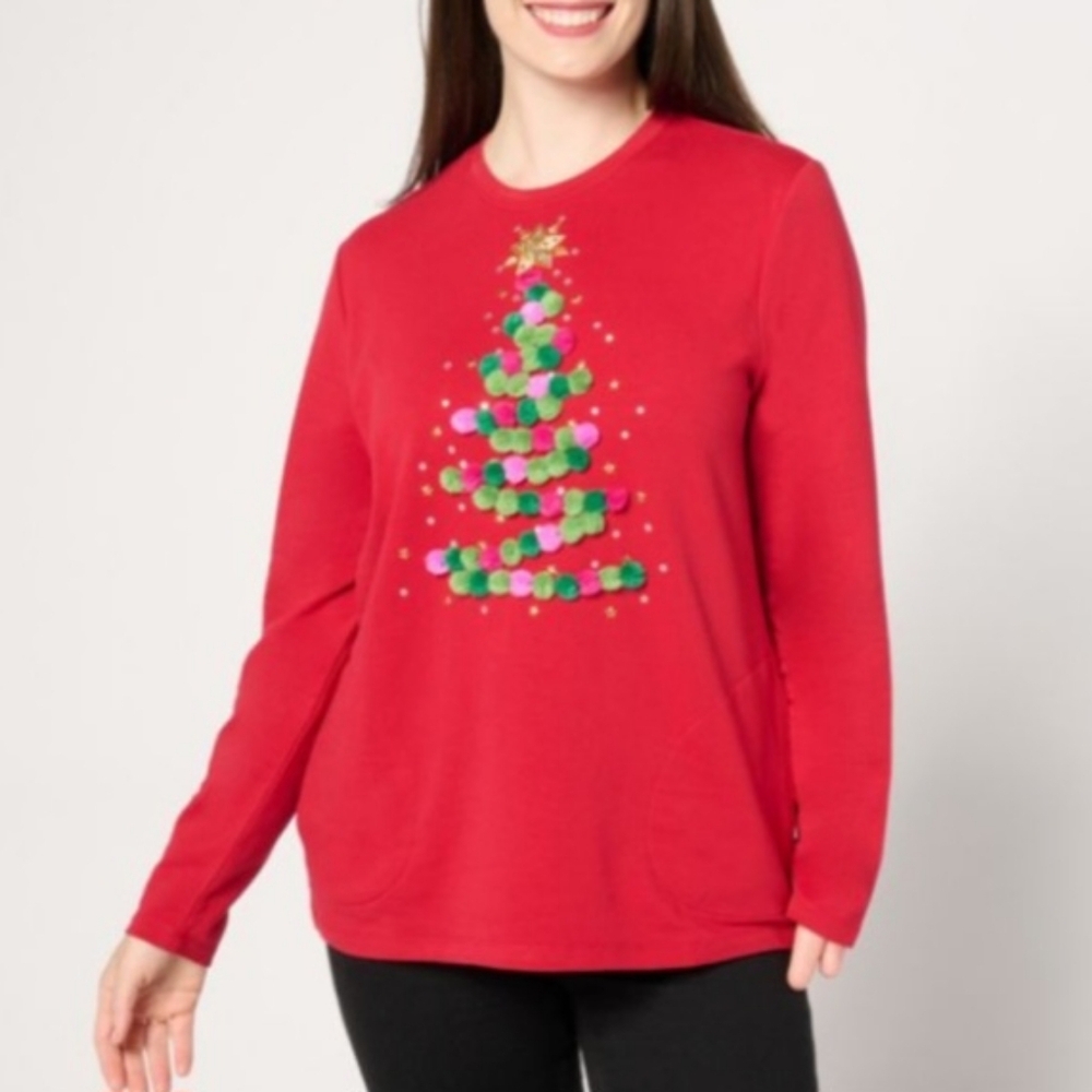 Quacker Factory French Terry Rum Pom Pom Misses Holiday Sweater NWT Size S